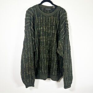 Jhane Barnes Green Sweater Rugged Line Pattern Men's Long Sleeve 3d knit VTG